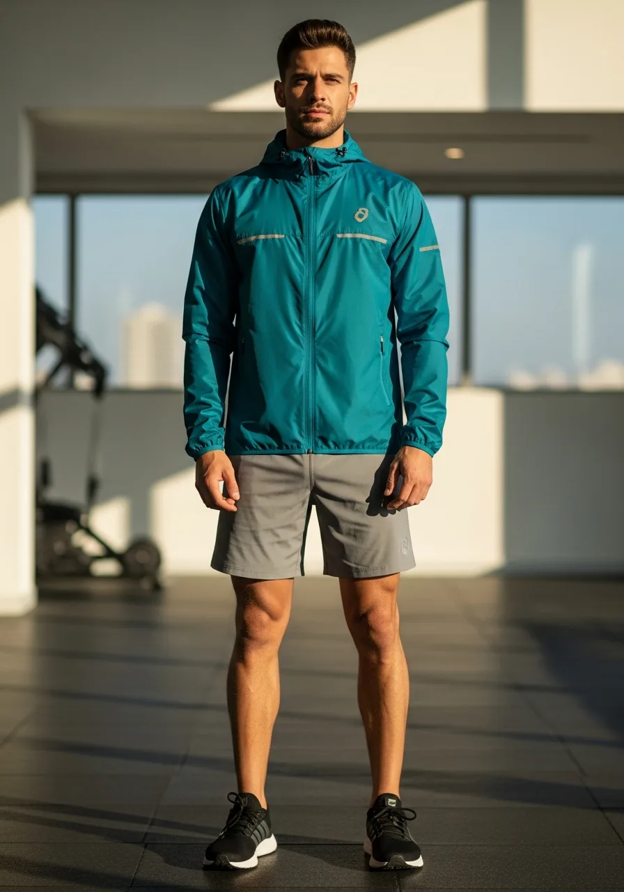29. Teal Windbreaker with Grey Shorts