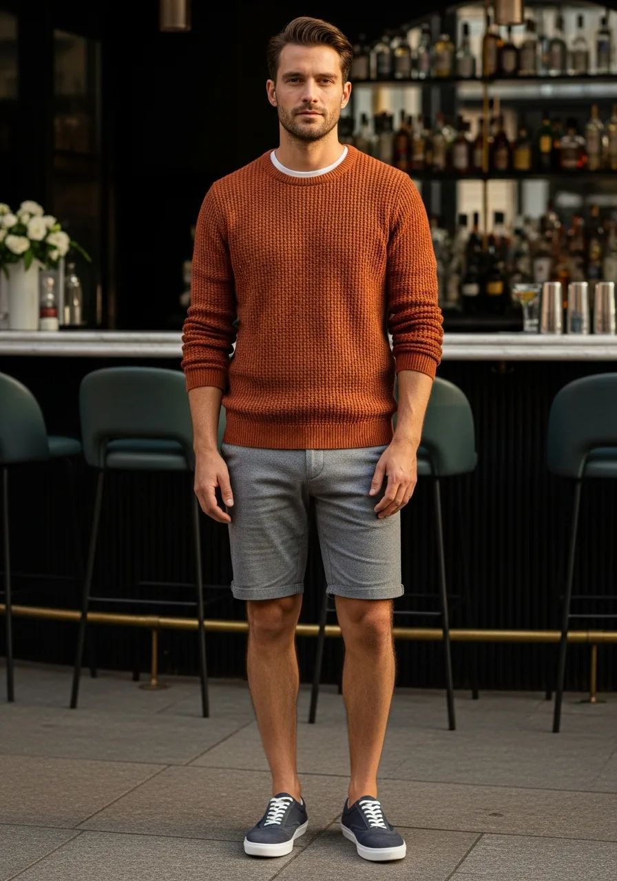 30. Rust Orange Knit with Grey Shorts