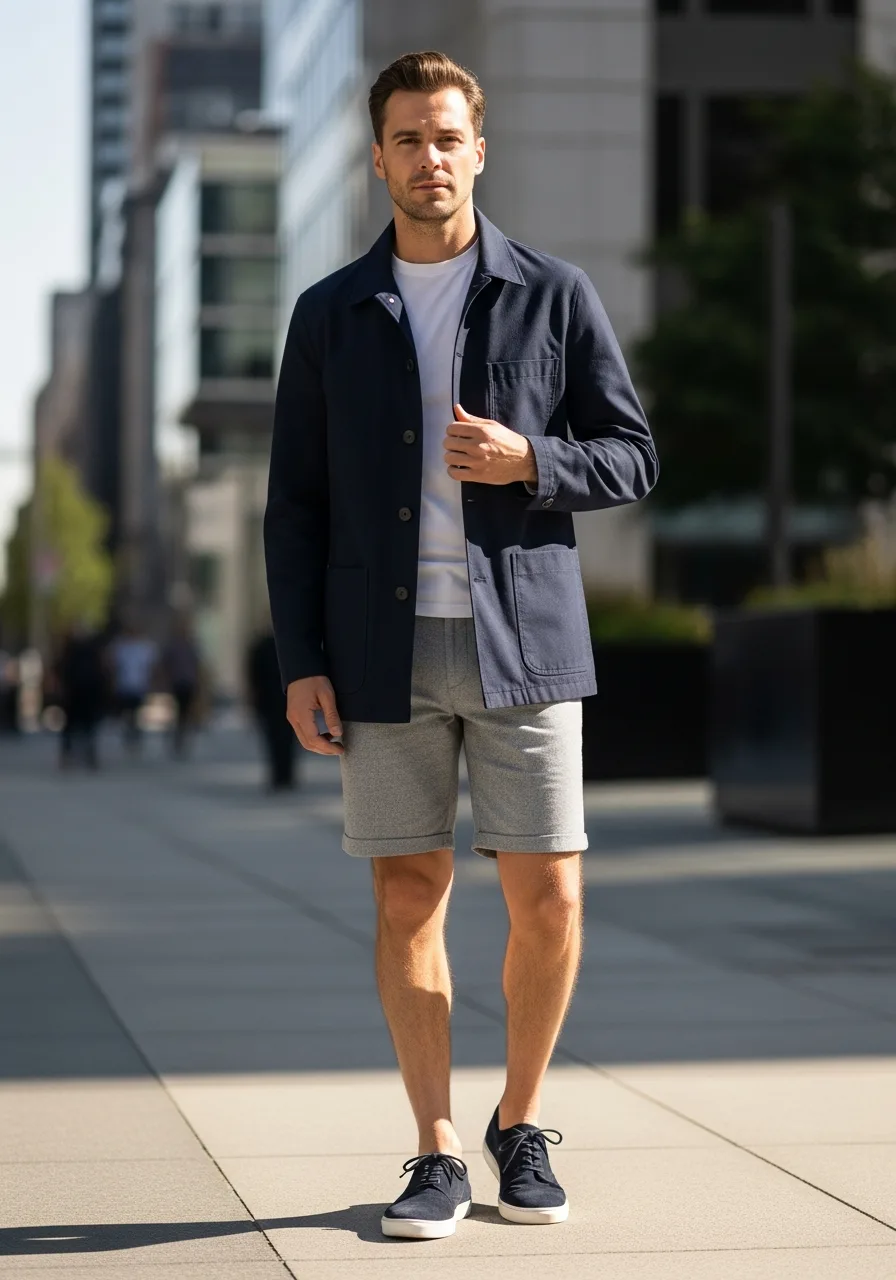 31. Navy Chore Coat Grey Shorts Outfit