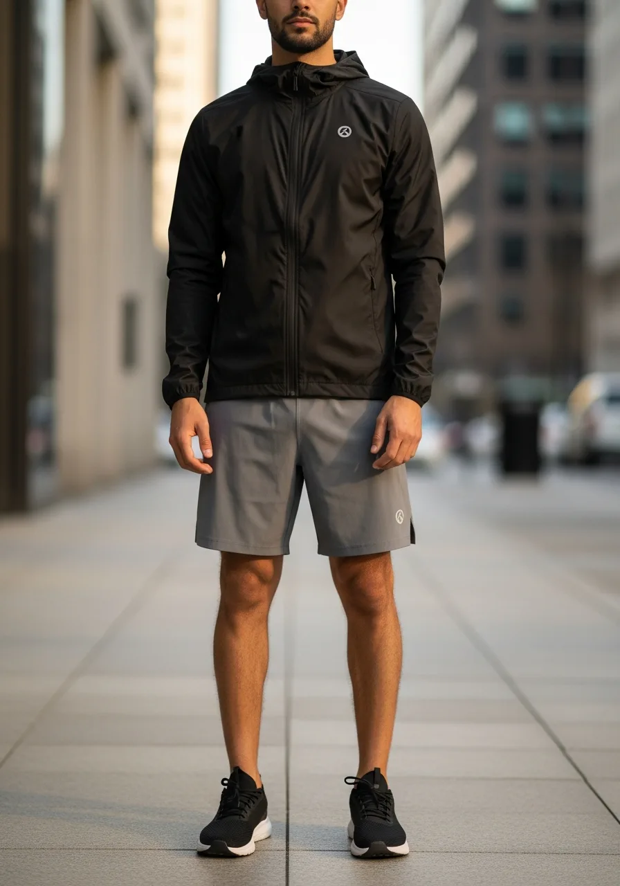 32. Black Windbreaker with Grey Tech Shorts