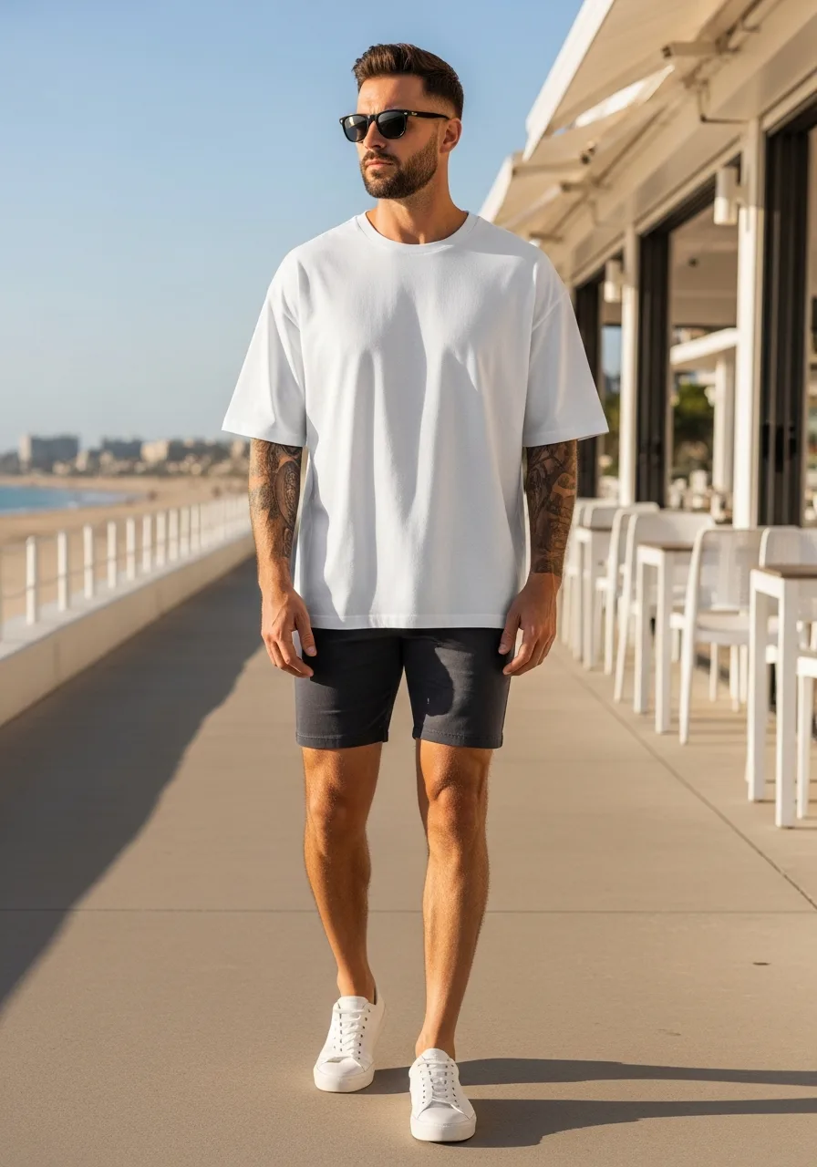 34. White Boxy Tee with Charcoal Shorts
