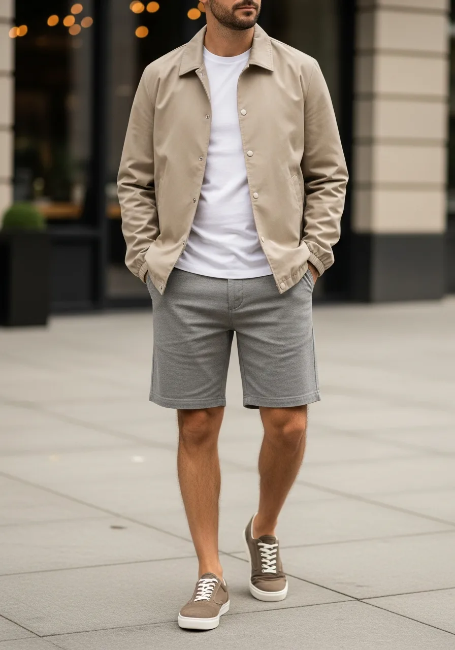 36. Beige Coach Jacket with Grey Shorts