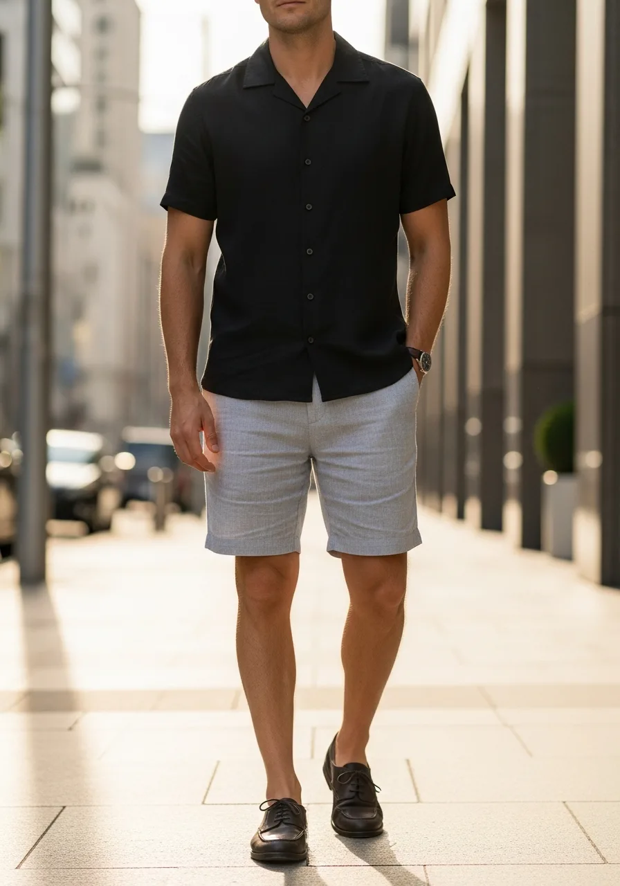37. Black Resort Shirt with Grey Shorts