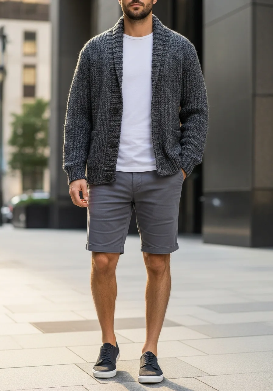 40. Charcoal Cardigan with Grey Chino Shorts