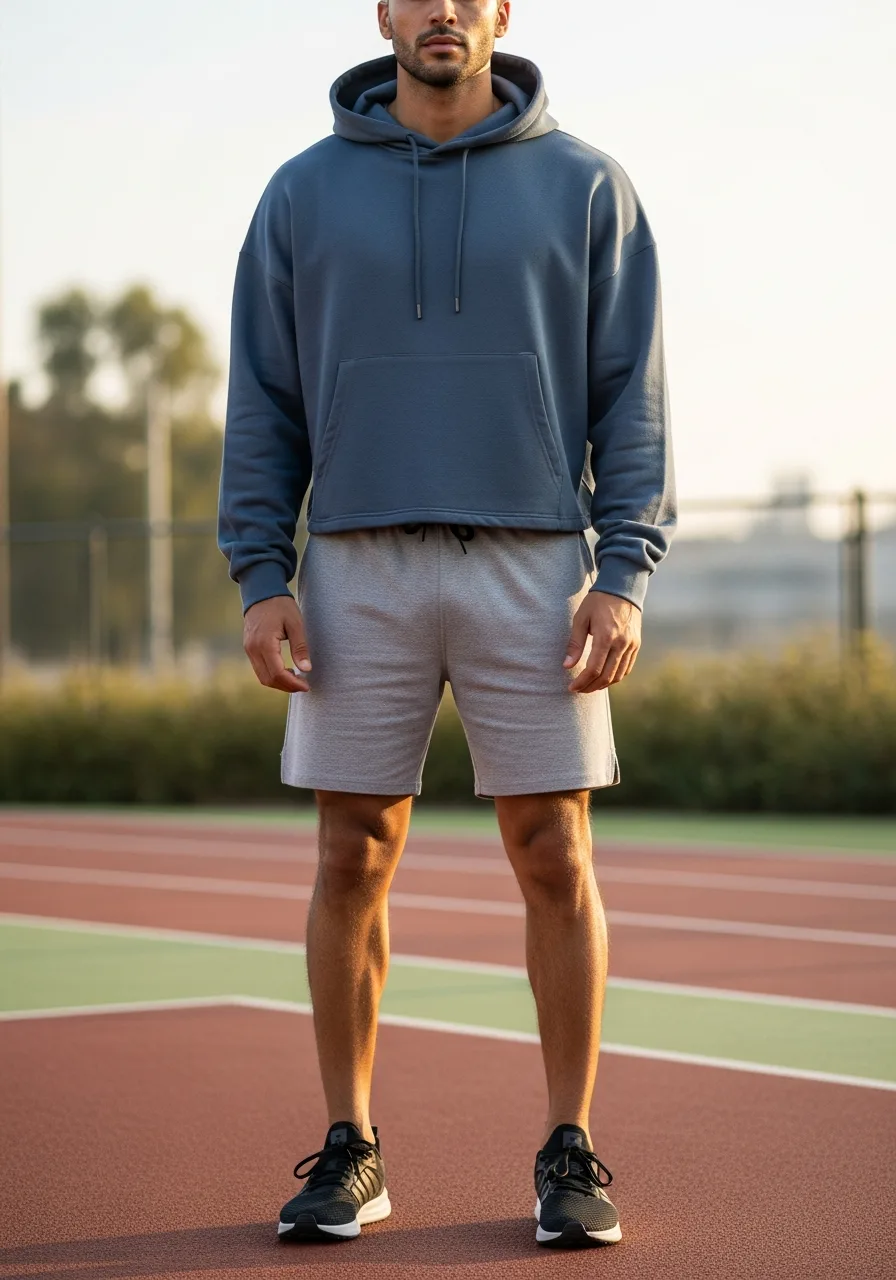41. Slate Blue Hoodie Grey Shorts