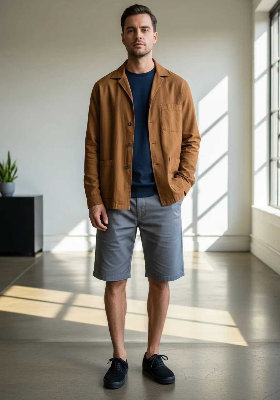 42. Tobacco Overshirt with Grey Shorts