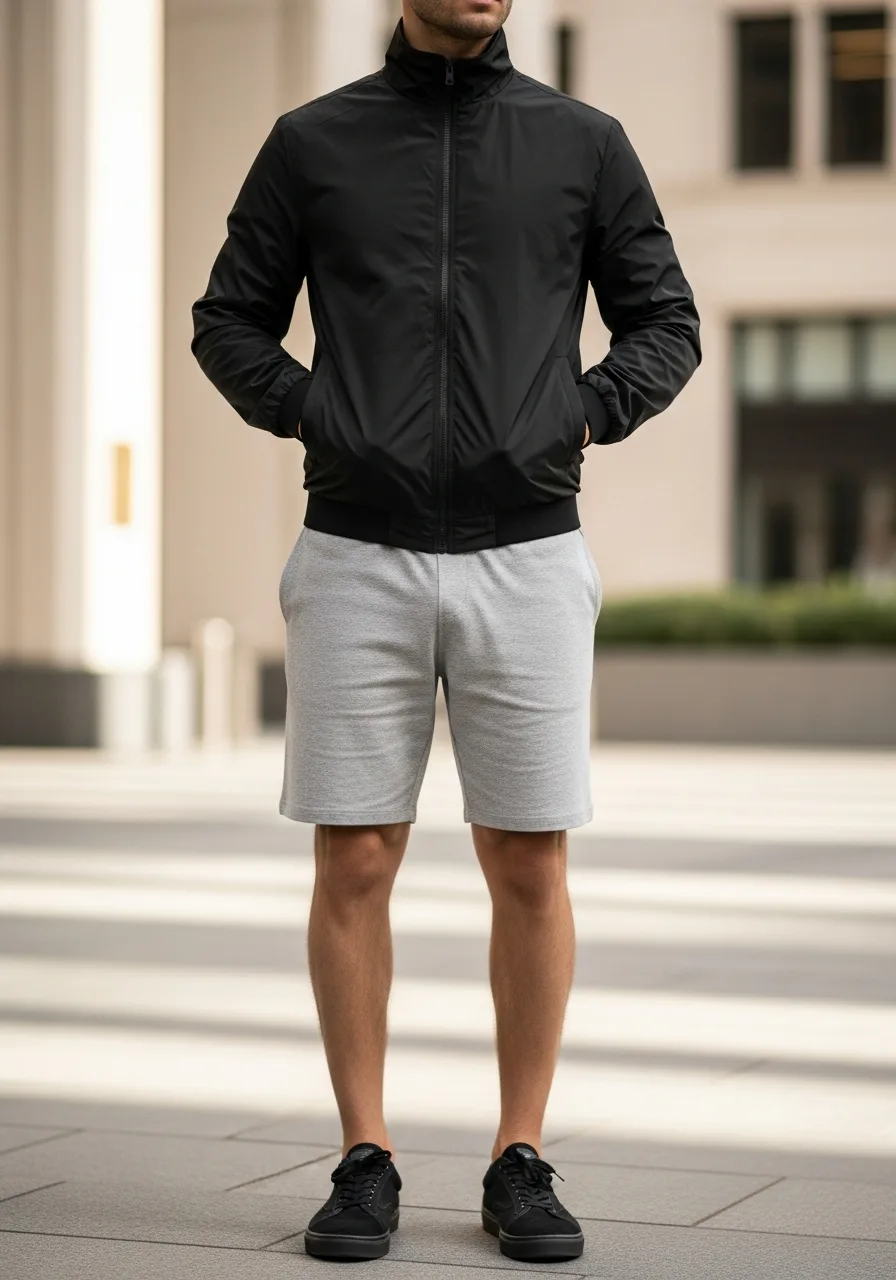 43. Black Track Jacket with Grey Shorts