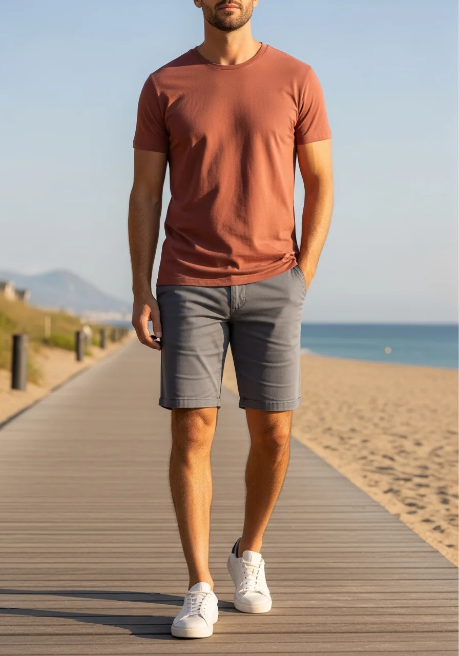 44. Terracotta Tee with Grey Shorts