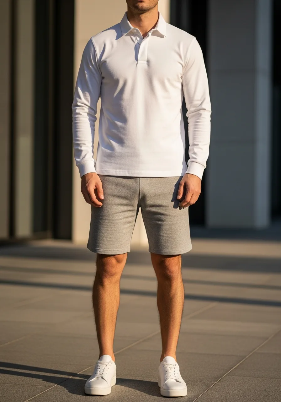 45. White Rugby Shirt with Grey Shorts