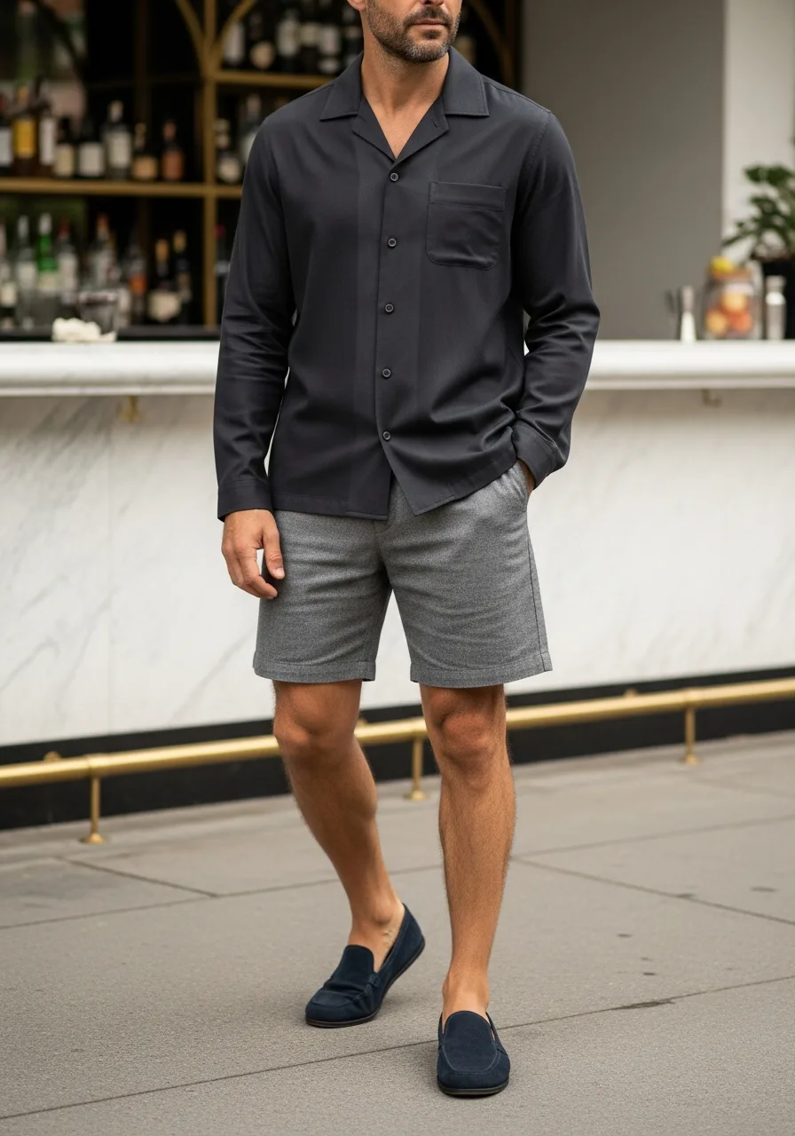 46. Silk-Blend Shirt with Grey Shorts