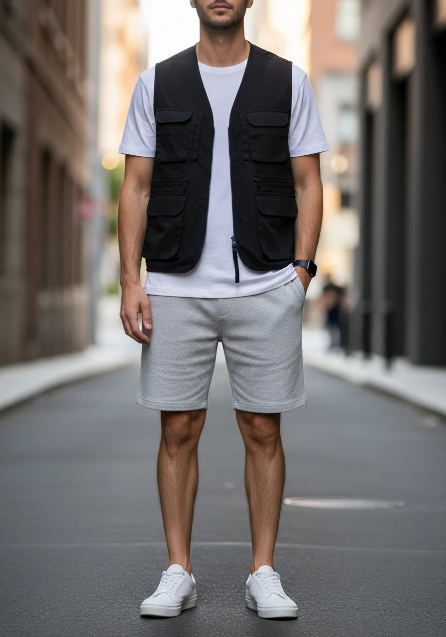 48. Black Utility Vest with Grey Shorts