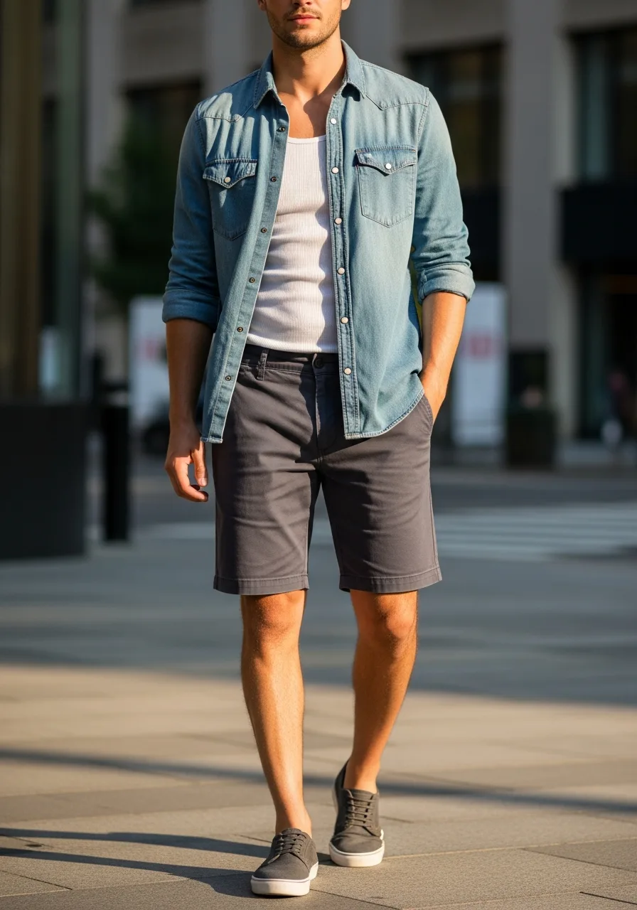 5. Denim Shirt with Chino Shorts