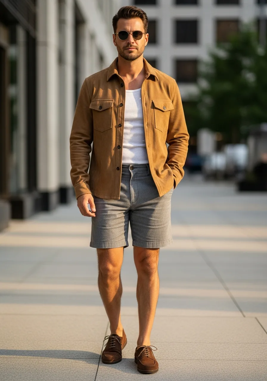 50. Tan Suede Overshirt with Grey Shorts