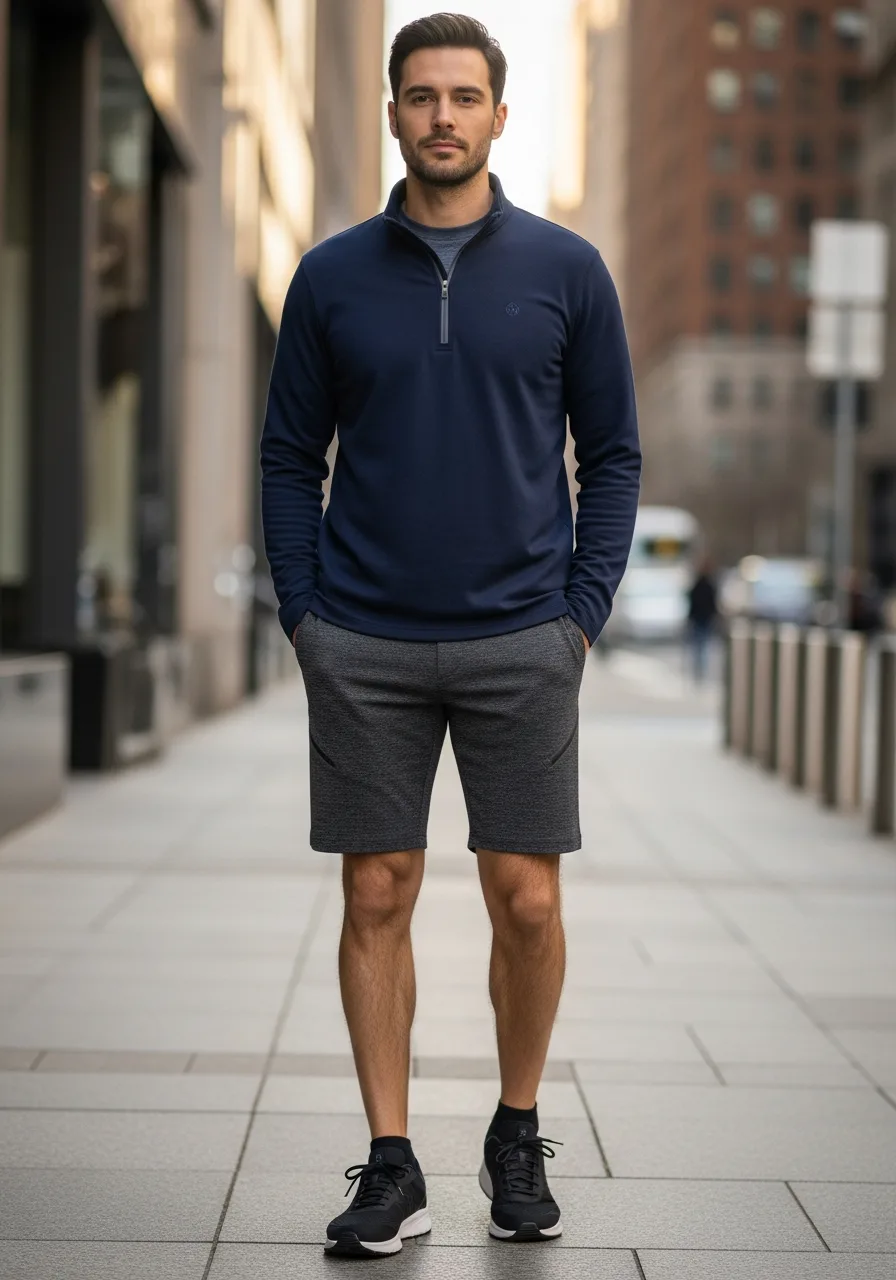 6. Quarter-Zip with Dark Grey Shorts