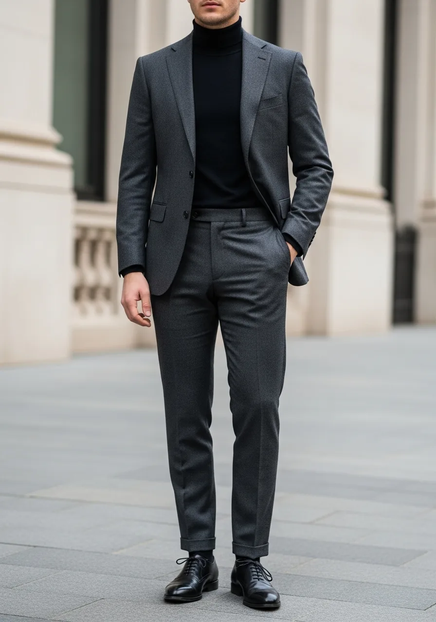 1. Charcoal Suit with Black Turtleneck