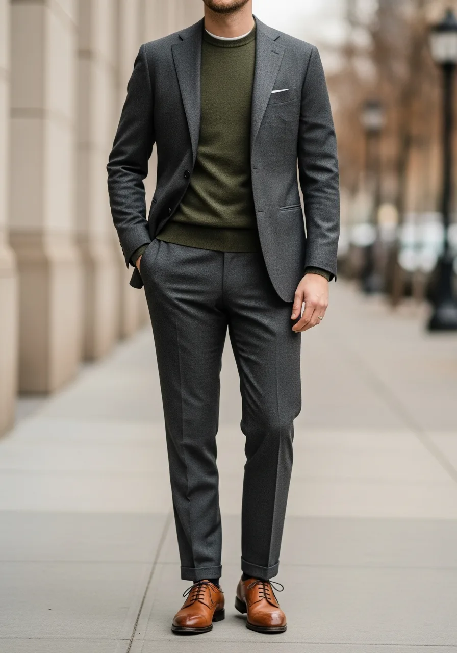 16. Grey Suit with Olive Knit