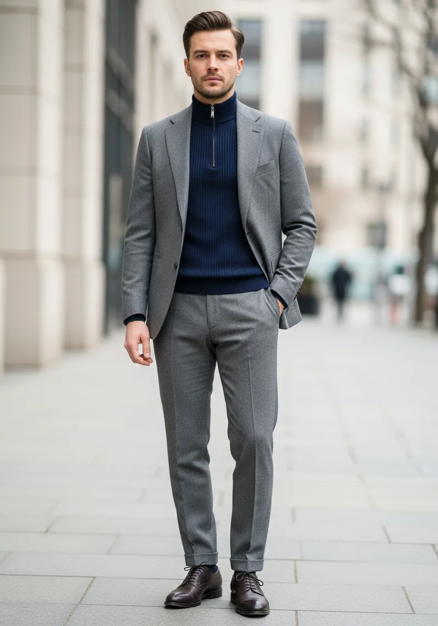 18. Grey Suit with Navy Mock Neck