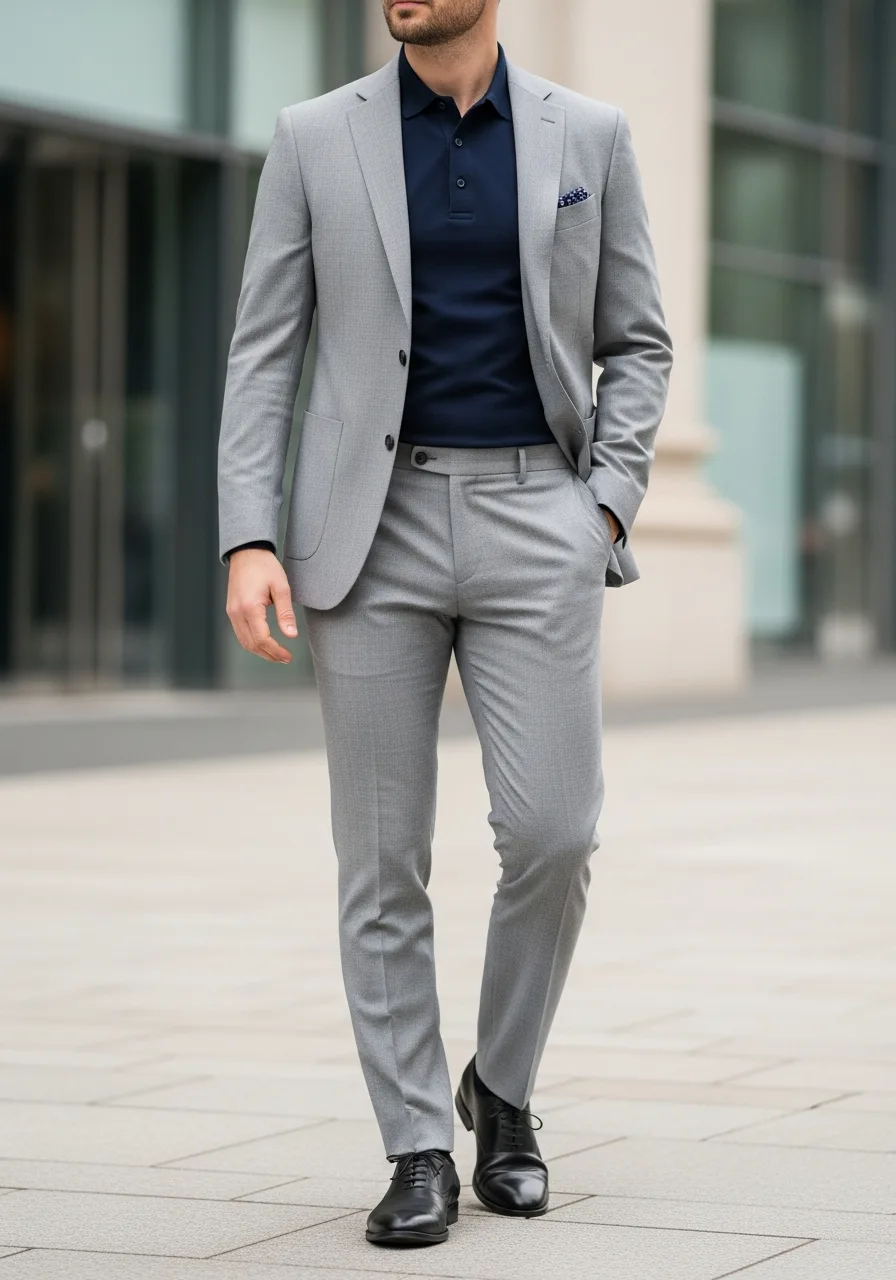 2. Light Grey Suit Navy Polo