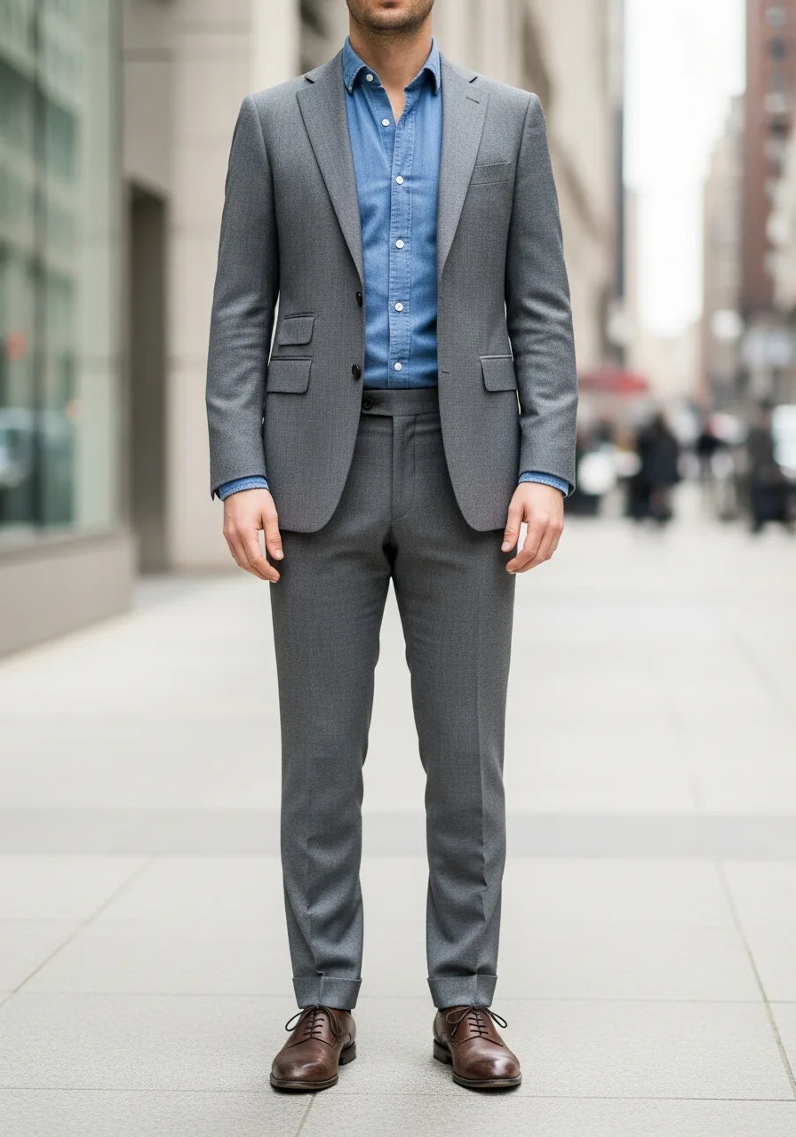 24. Grey Suit with Chambray Shirt