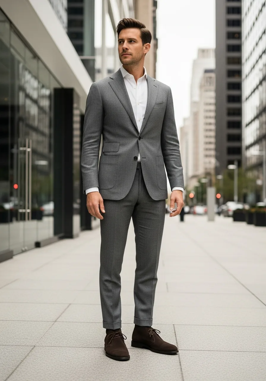25. Grey Suit with Suede Boots