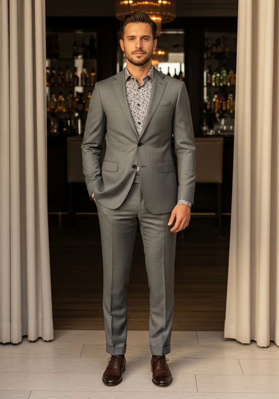 27. Grey Suit with Floral Shirt