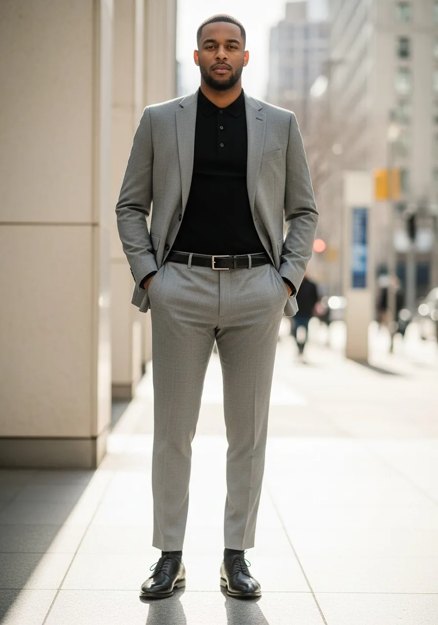 28. Light Grey Suit Black Polo