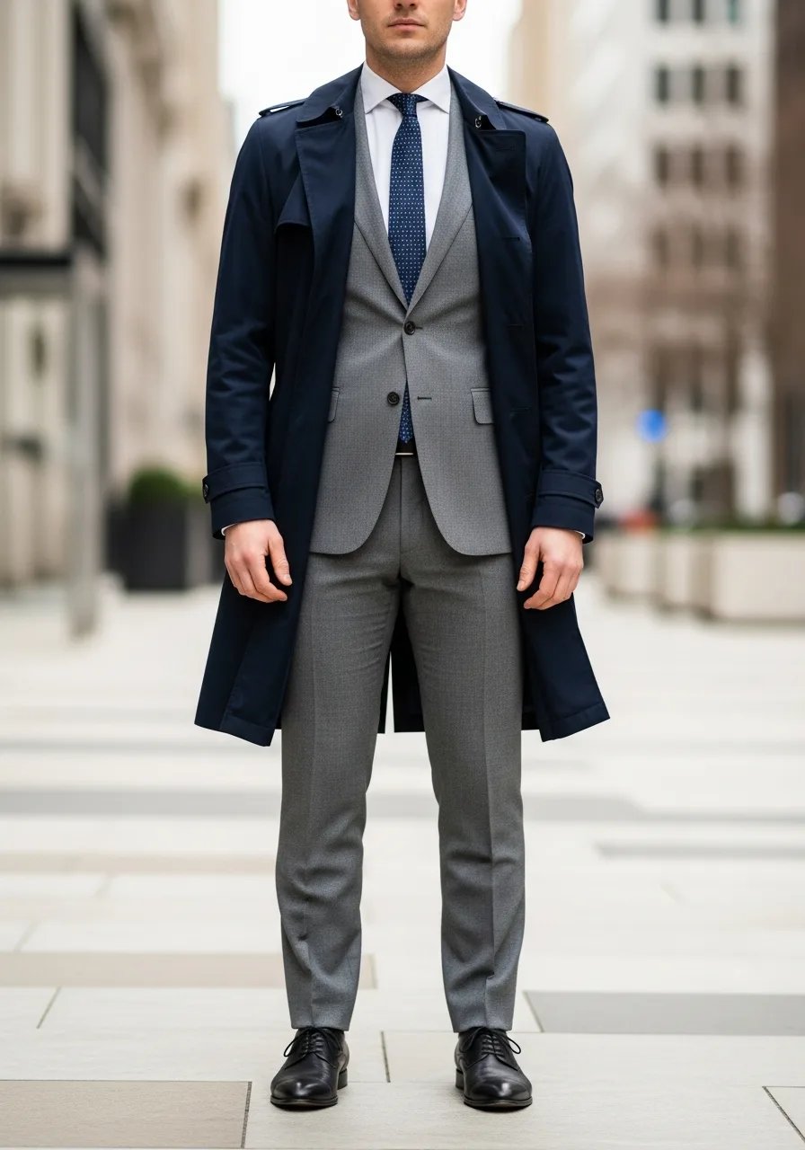 29. Grey Suit with Navy Trench
