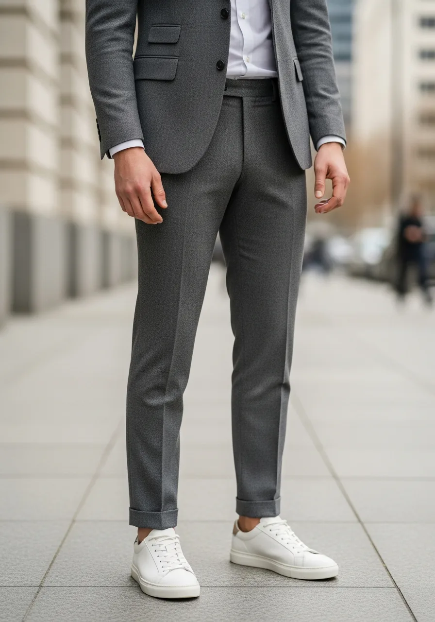 3. Mid-Grey Suit with White Sneakers