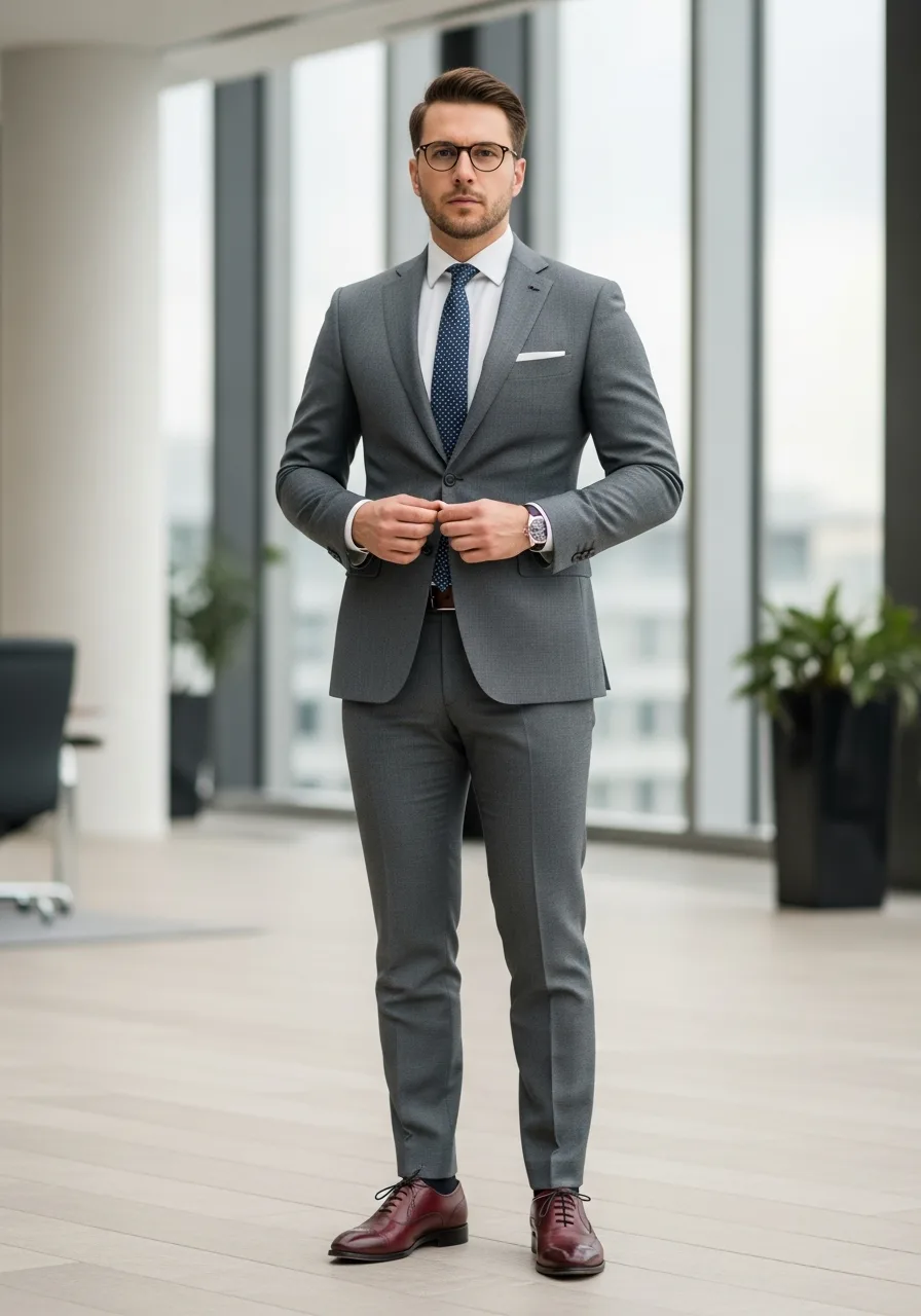 30. Grey Suit with Oxblood Oxfords
