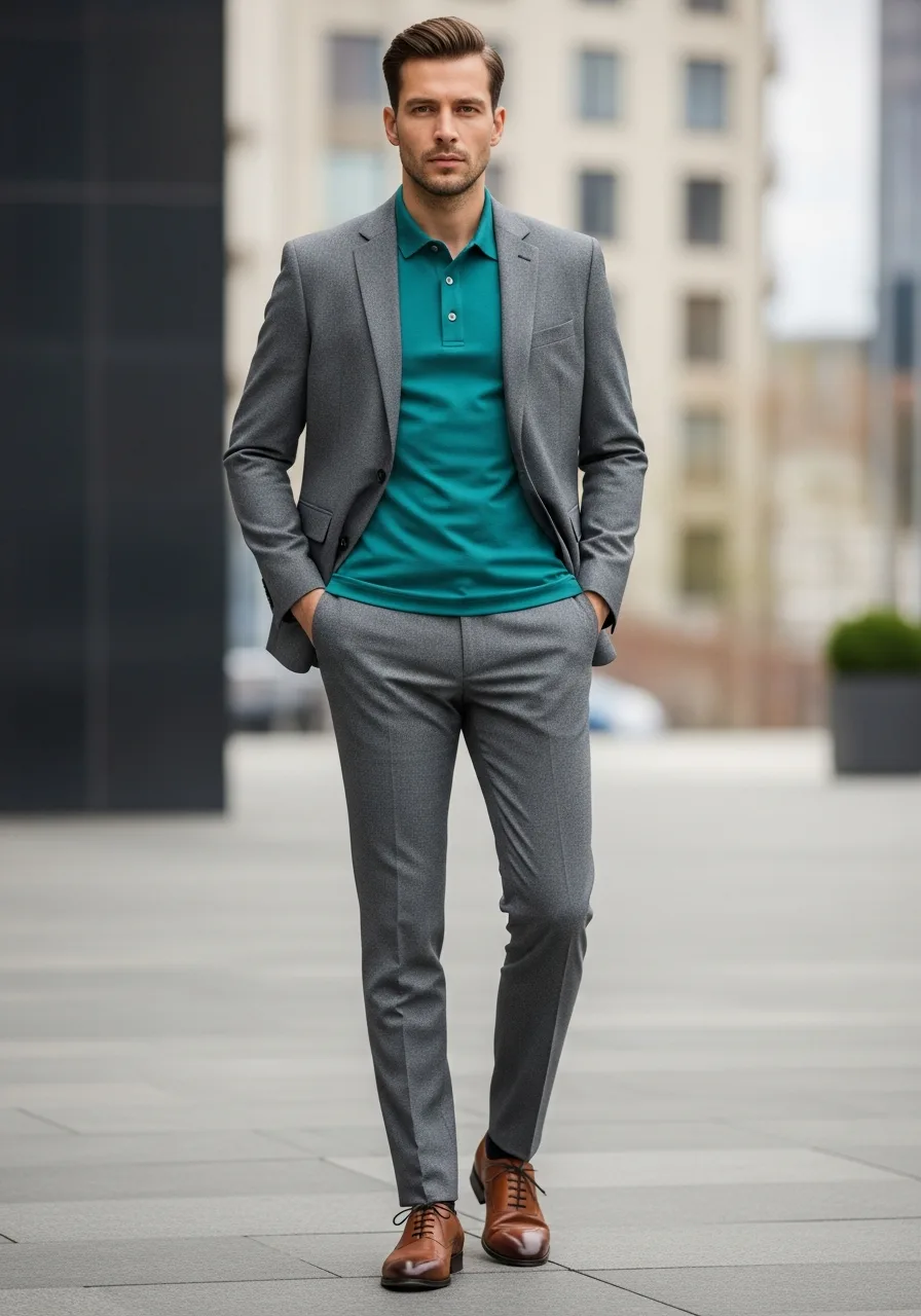 31. Teal Polo with Grey Suit