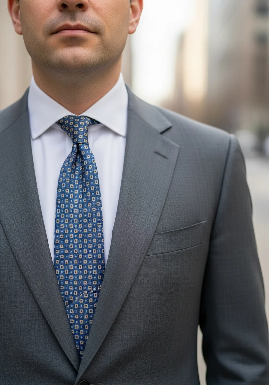 35. Patterned Tie with Grey Suit