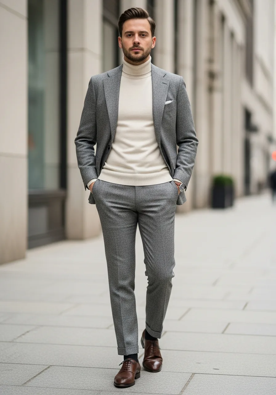 38. Cream Roll Neck Grey Suit