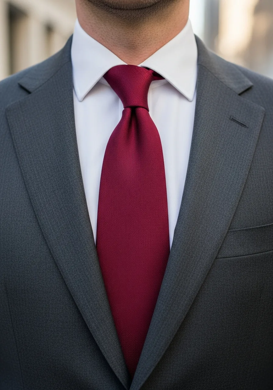 41. Red Silk Tie Grey Suit