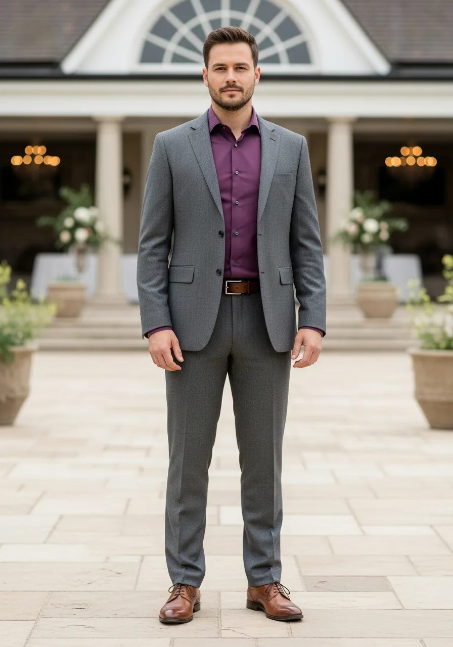 48. Plum Dress Shirt Grey Suit