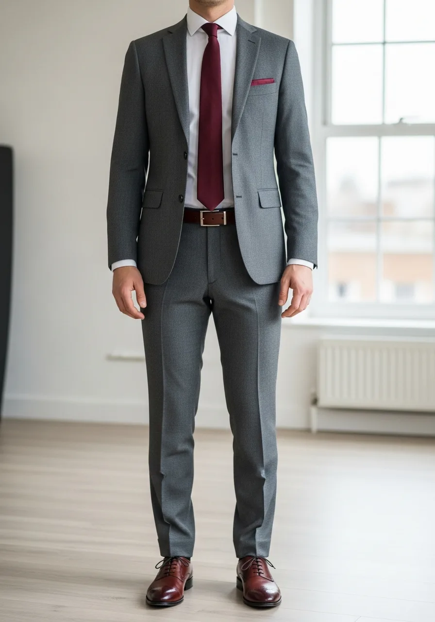 5. Grey Suit with Burgundy Accents