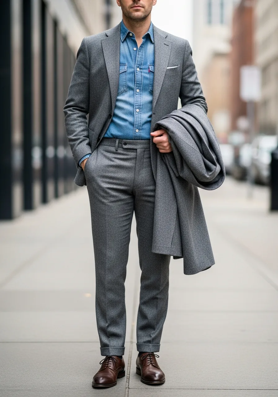 7. Grey Suit with Denim Shirt