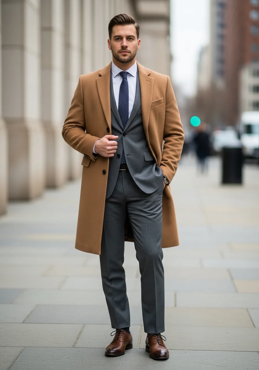 9. Grey Suit with Camel Overcoat