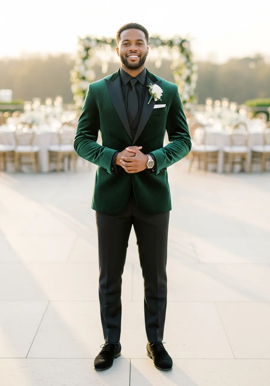 16. Emerald Velvet Groomsmen Attire
