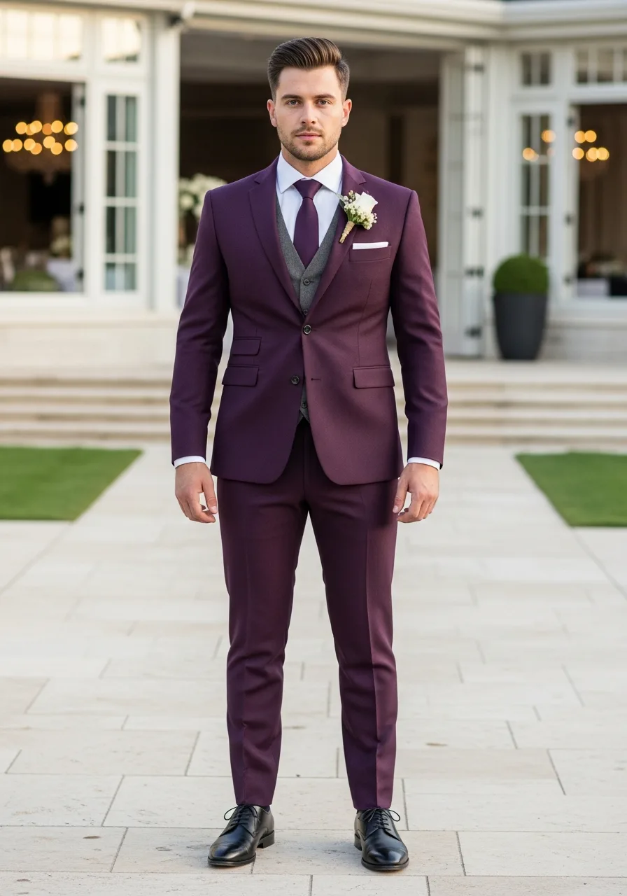 23. Plum Wool Groomsmen Attire