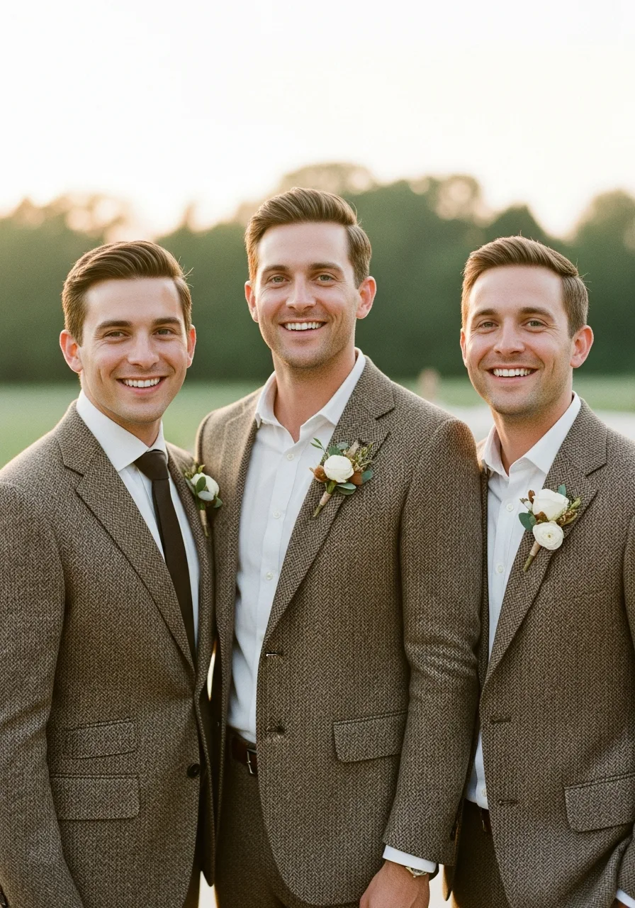33. Earth Tone Herringbone Groomsmen Attire