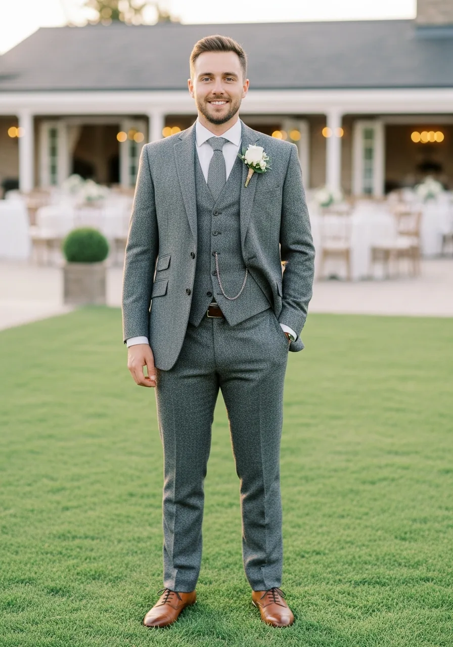 7. Grey Tweed Groomsmen Attire