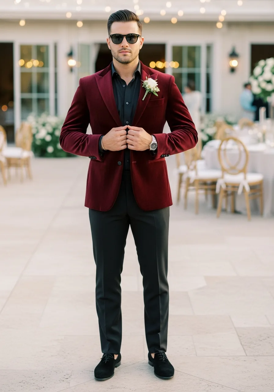 8. Burgundy Velvet Groomsmen Attire